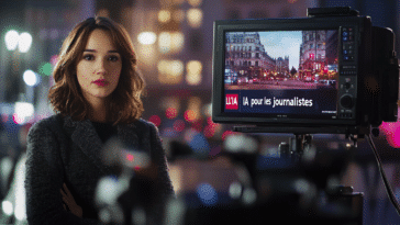 Journaliste présentant l'IA pour ses confrères journalistes.