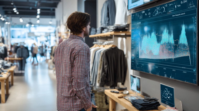 Manager observant les flux clients sur un écran d’analyse IA dans un magasin au design optimisé.