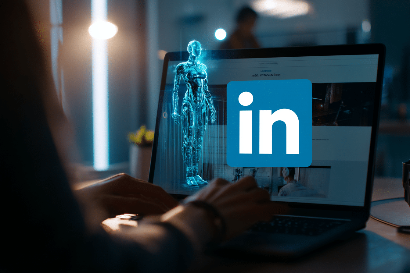 Créateur de contenu tapant un post LinkedIn avec une IA holographique en arrière-plan, dans un environnement professionnel inspirant.