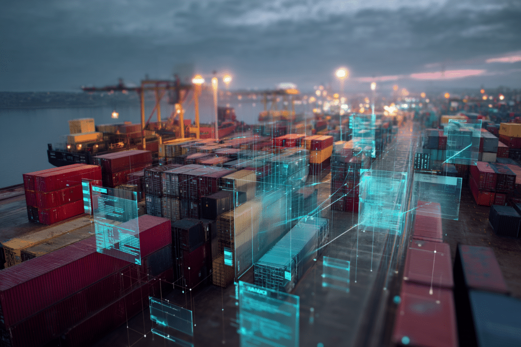 Port de containers avec superposition de données douanières automatisées en réalité augmentée.