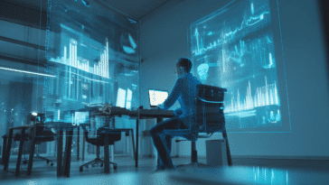 Expert-comptable dans son bureau, entouré de données numériques dans un environnement high-tech.