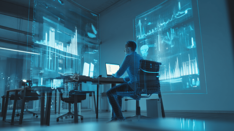 Expert-comptable dans son bureau, entouré de données numériques dans un environnement high-tech.