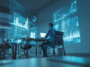 Expert-comptable dans son bureau, entouré de données numériques dans un environnement high-tech.