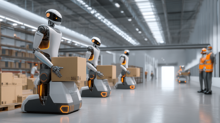 Vue d’un entrepôt moderne avec robots autonomes et convoyeurs transportant des colis, dans une ambiance logistique high-tech.