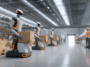 Vue d’un entrepôt moderne avec robots autonomes et convoyeurs transportant des colis, dans une ambiance logistique high-tech.