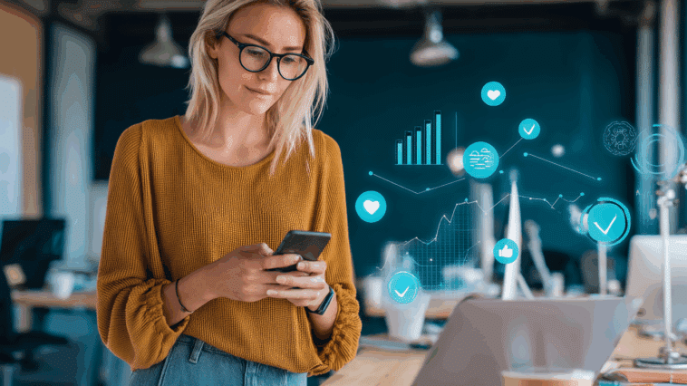 Une community manager qui utilise son smartphone devant son ordinateur portable, entourée de notifications et graphiques