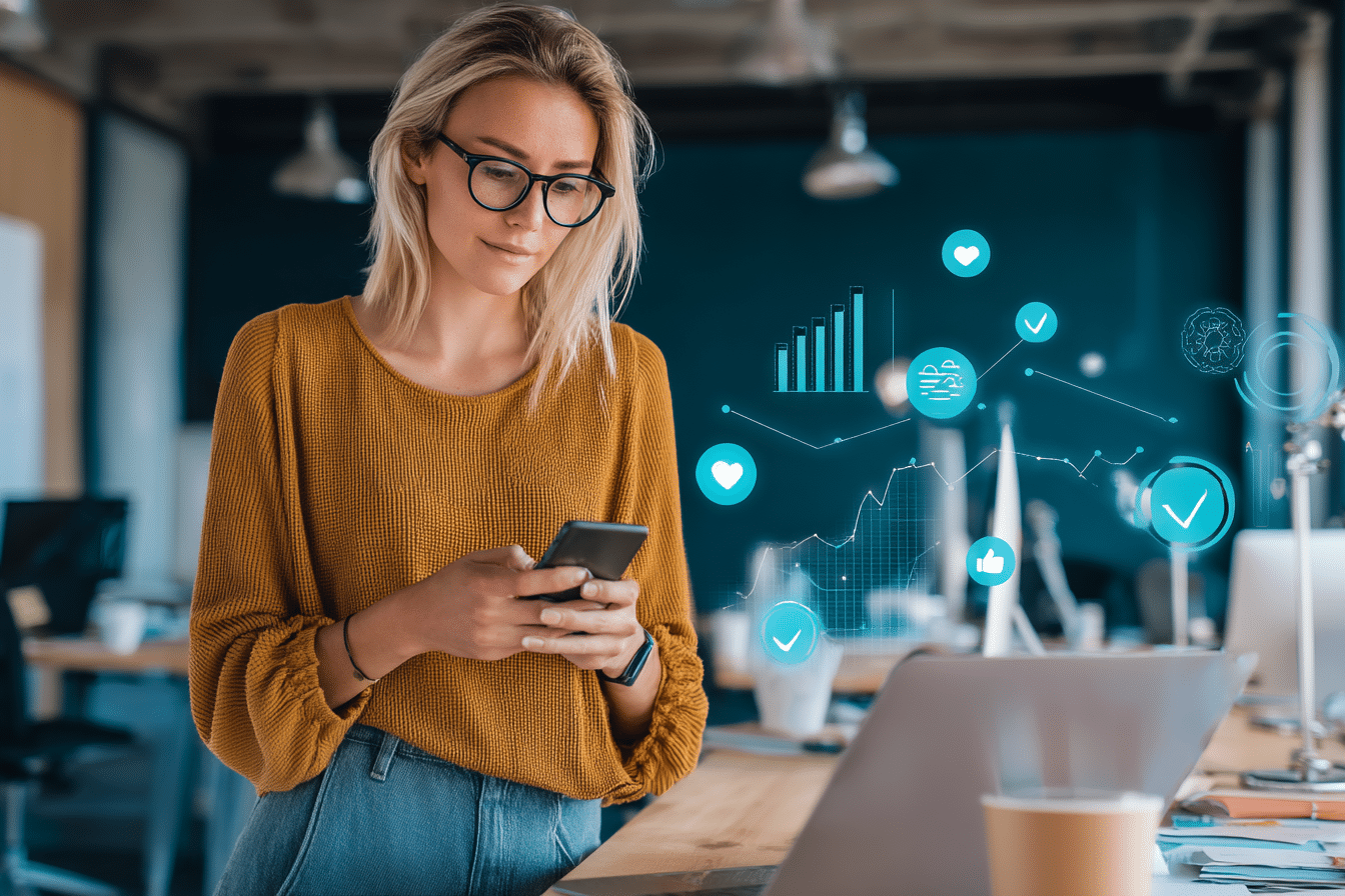 Une community manager qui utilise son smartphone devant son ordinateur portable, entourée de notifications et graphiques