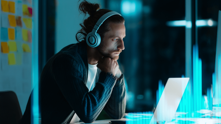 Jeune investisseur concentré dans son bureau moderne, affichant des données financières, ambiance technologique et sobre.