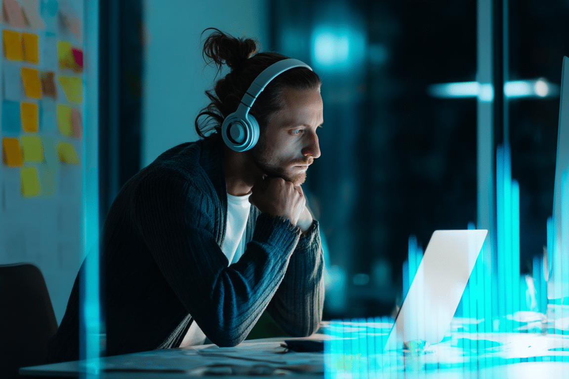 Jeune investisseur concentré dans son bureau moderne, affichant des données financières, ambiance technologique et sobre.