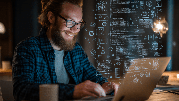 Photo d'un développeur souriant lisant une newsletter d'IA engageante sur un ordinateur portable, entouré d'icônes flottantes d'intelligence artificielle, de code et de messages