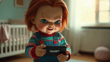 La poupée Chucky tenant un smartphone avec le mot ChatGPT