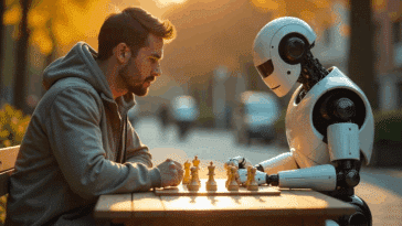 Un homme jouant aux échecs avec un robot en plein air