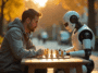 Un homme jouant aux échecs avec un robot en plein air
