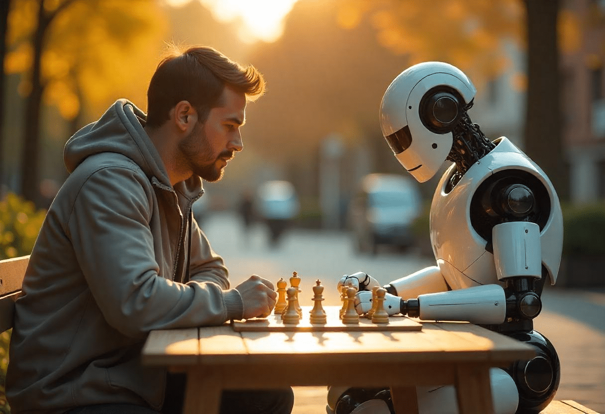 Un homme jouant aux échecs avec un robot en plein air