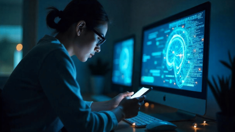 Une jeune femme utilisant smartphone et PC avec en arrière-plan l'IA silencieuse