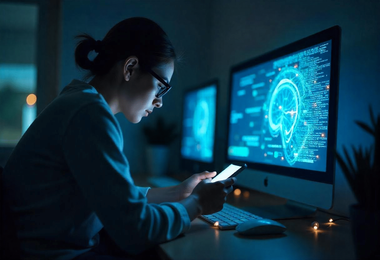 Une jeune femme utilisant smartphone et PC avec en arrière-plan l'IA silencieuse