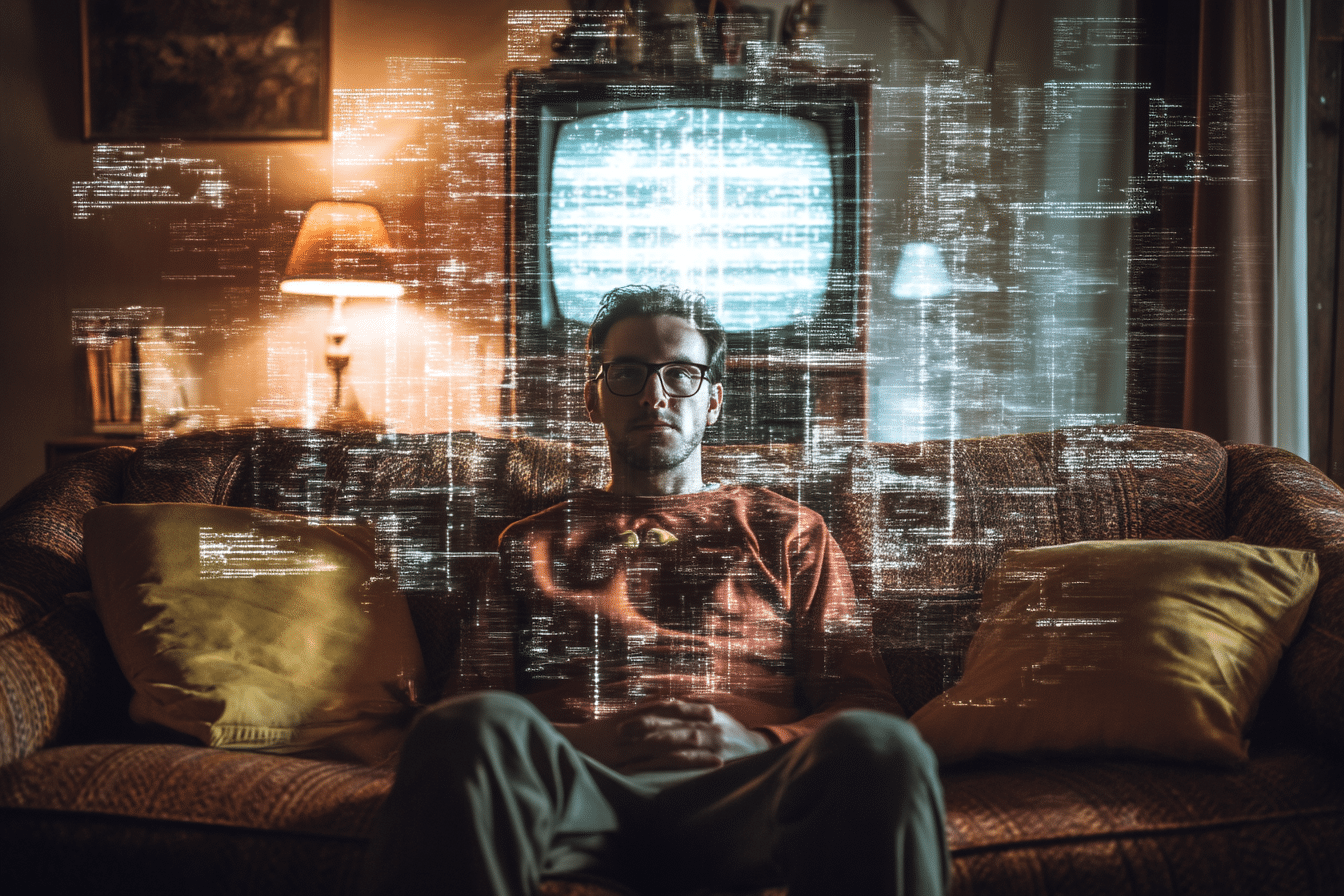 Un homme sur son sofa projeté dans son passé algorithmique