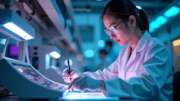 Scientifique chinoise travaillant sur des semi-conducteurs pour IA