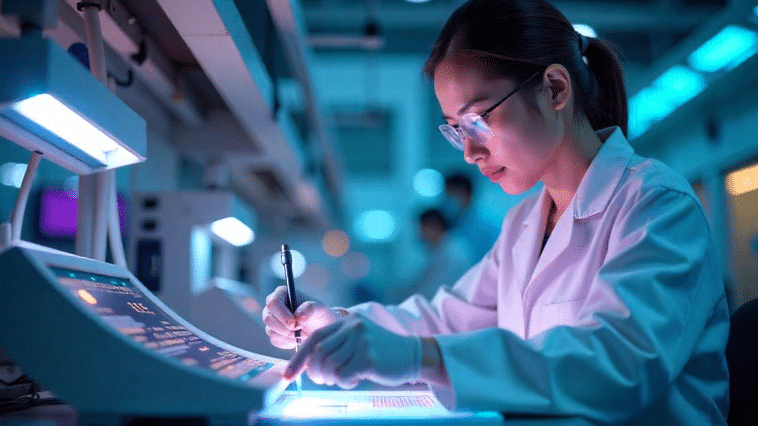 Scientifique chinoise travaillant sur des semi-conducteurs pour IA