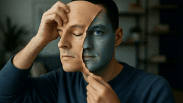 Un masque enlevé montrant un visage pixelisé à l'image des dangers de l'IA générative