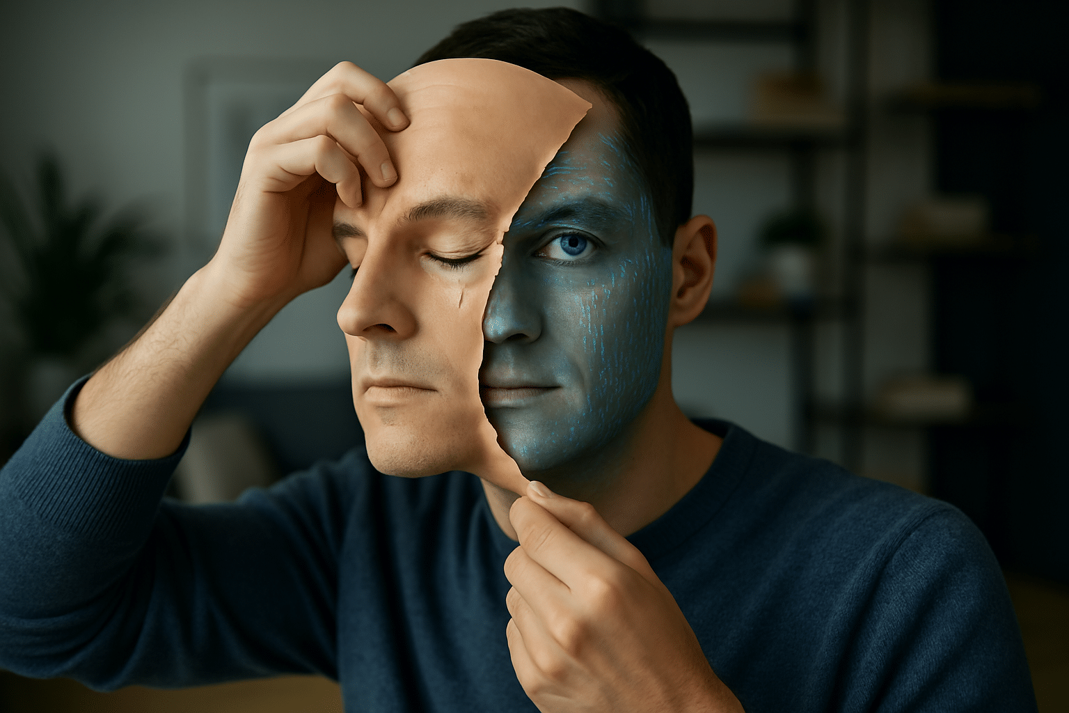 Un masque enlevé montrant un visage pixelisé à l'image des dangers de l'IA générative