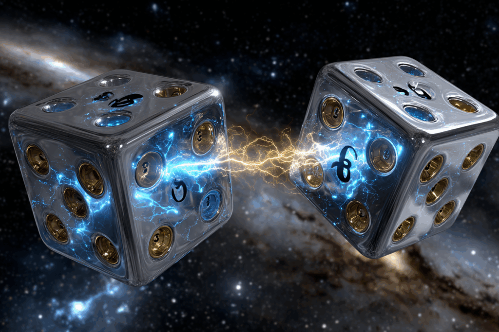 Deux dés élégants et futuristes à six faces, faits de chrome poli et d'une lumière bleue brillante, flottent dans l'espace lointain.