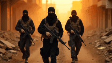 Un groupe de djihadistes dans une ville en ruine