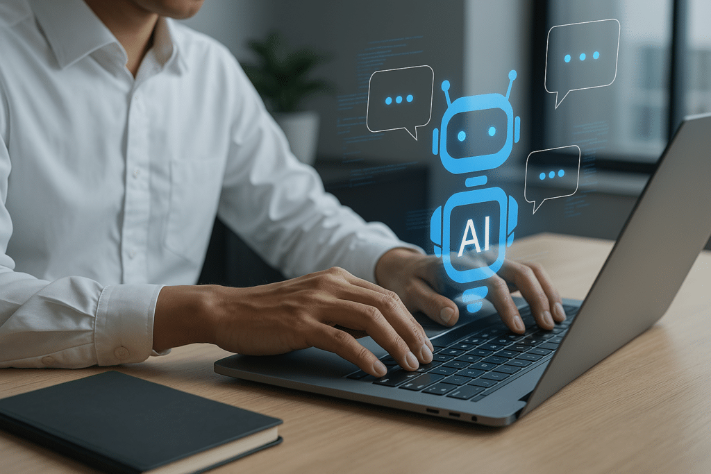 Une personne travaillant sur son PC avec un hologramme d'IA