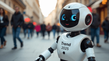 Un mignon petit robot dans la rue de Paris affichant "Trend 2025"