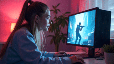 Une ado jouant à un FPS réalisé par l'IA