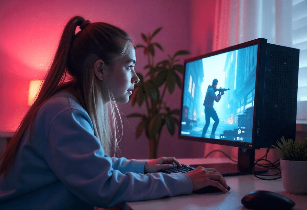 Une ado jouant à un FPS réalisé par l'IA