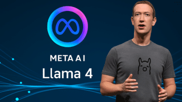Mark Zuckerberg avec l'affiche de Llama 4 de Meta derrière-lui
