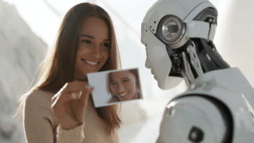 Une femme montre une image d'elle à un robot représentant ChatGPT