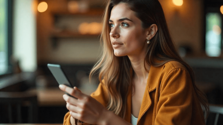 Une femme dans un café s'interrogeant sur le bon chatbot pour son smartphone.