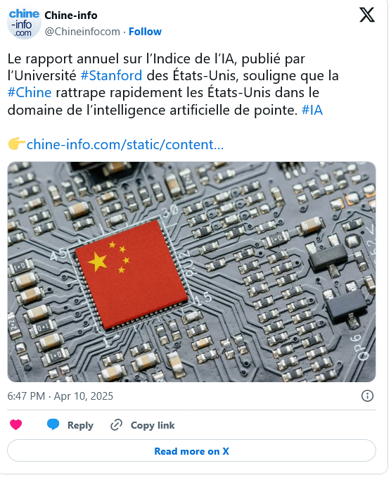Post X sur la course à l'IA Chine vs USA
