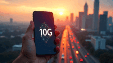 Un smartphone affichant 10G dans une ville futuriste