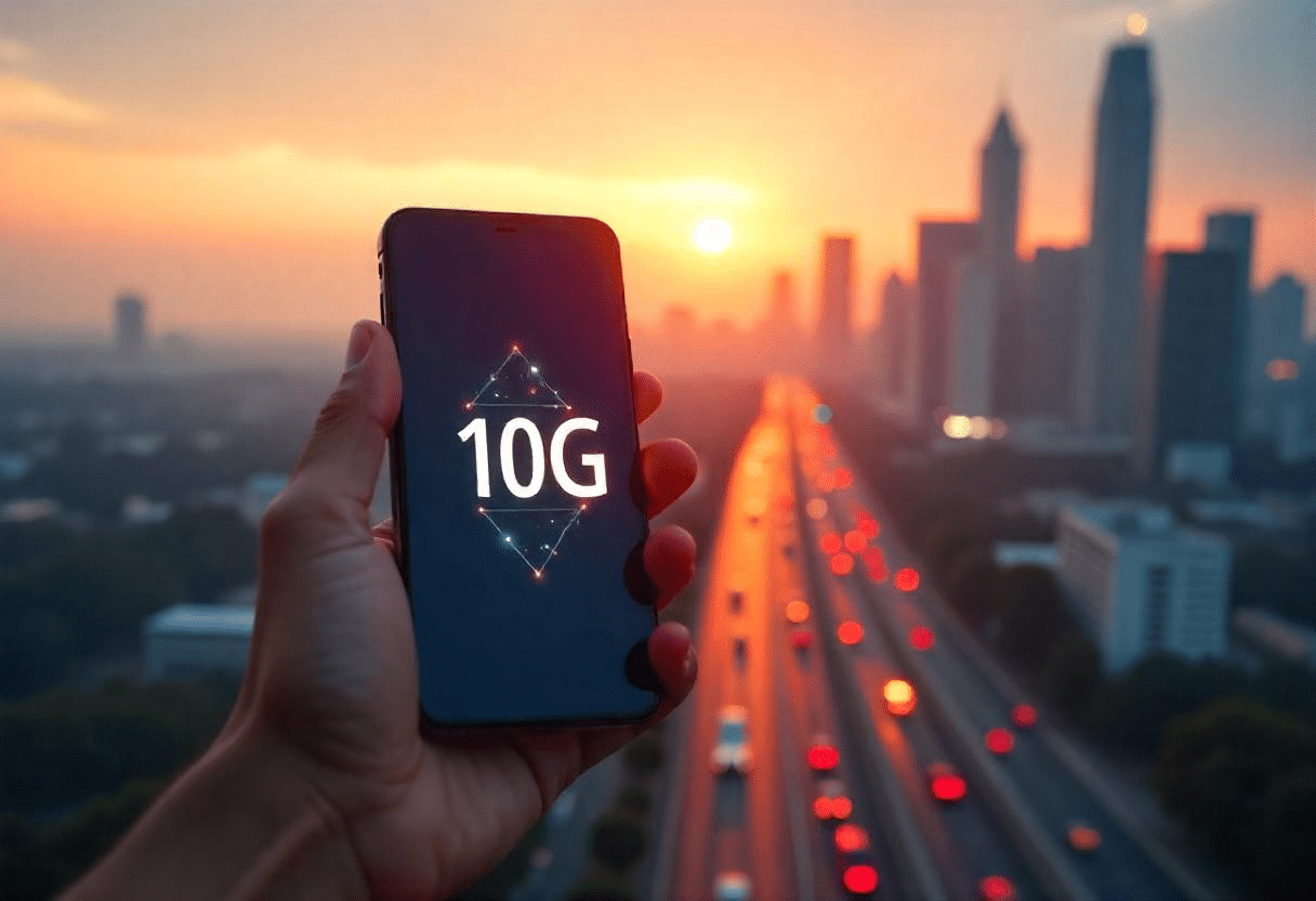Un smartphone affichant 10G dans une ville futuriste