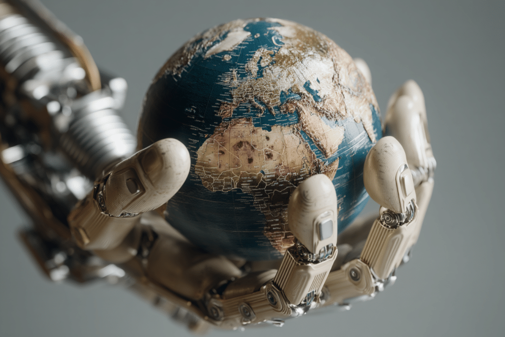 Une main robotique tenant une globe terrestre