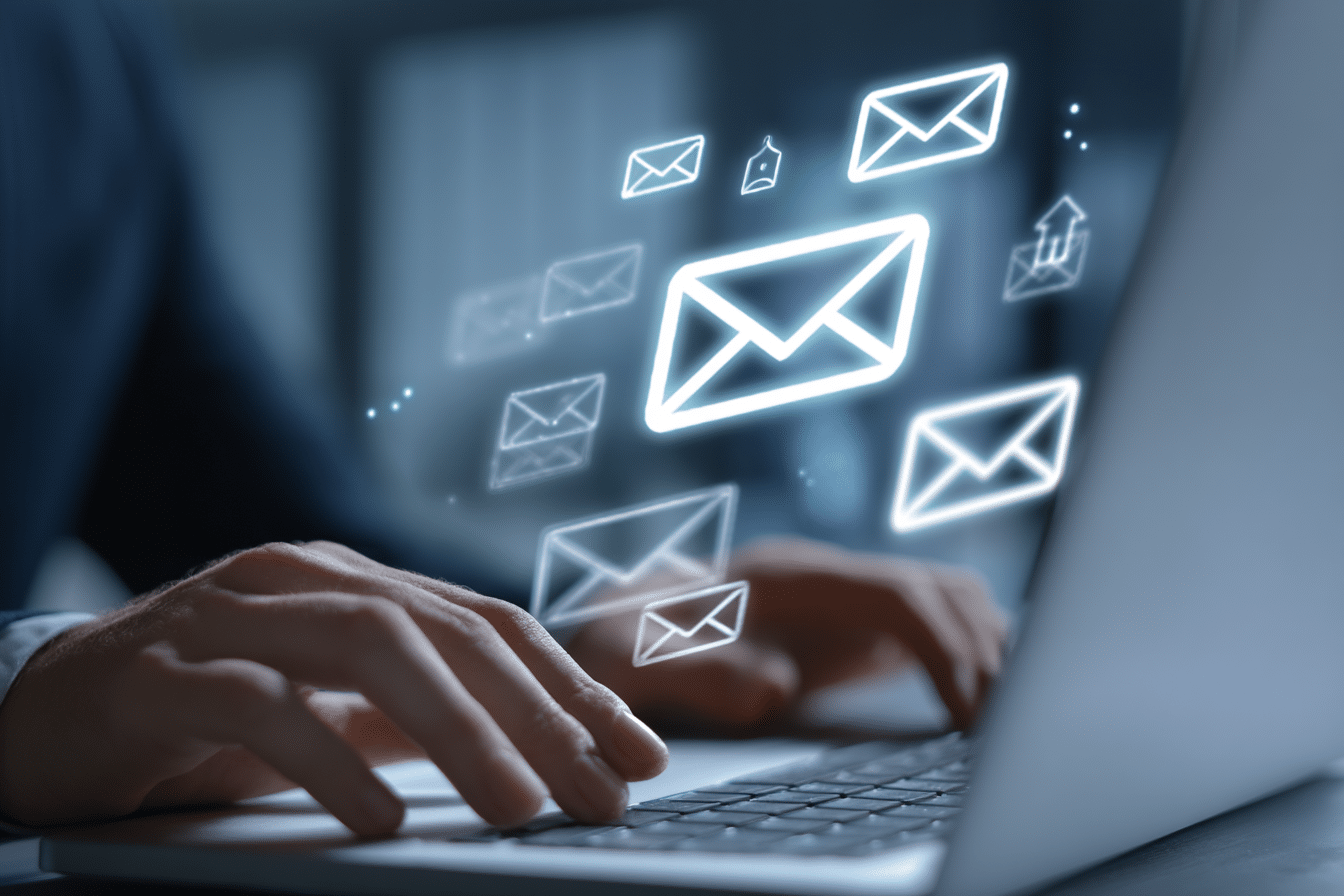 Une personne travaillant sur un ordinateur avec un gros symbole email sur l’écran, montrant des enveloppes fermées.
