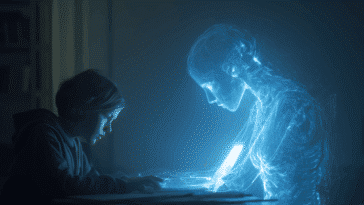 Un étudiant concentré, assis seul à un bureau dans une pièce faiblement éclairée, regarde l’écran lumineux d’un ordinateur portable, d’où sort un hologramme humanoïde translucide représentant une IA