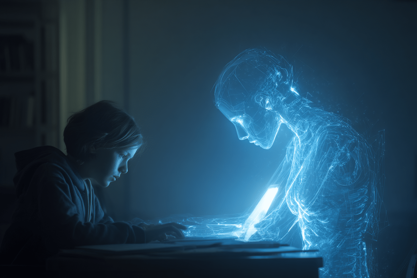 Un étudiant concentré, assis seul à un bureau dans une pièce faiblement éclairée, regarde l’écran lumineux d’un ordinateur portable, d’où sort un hologramme humanoïde translucide représentant une IA