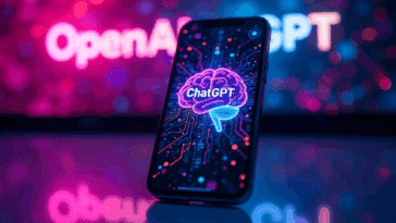 Un smartphone affichant ChatGPT au coeur du cerveau humain avec en arrière-plan le mot OpenAI