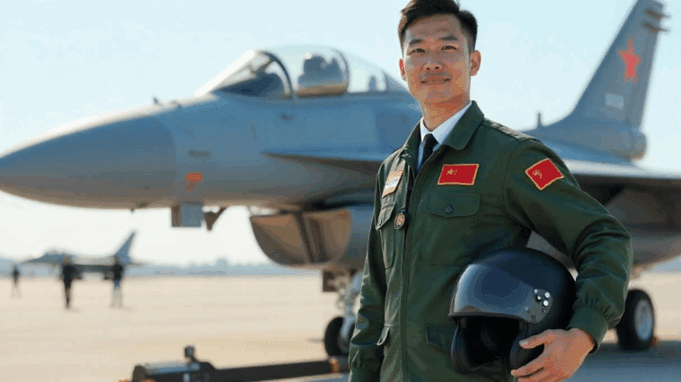 Pilote chinois à côté d'une avion de chasse