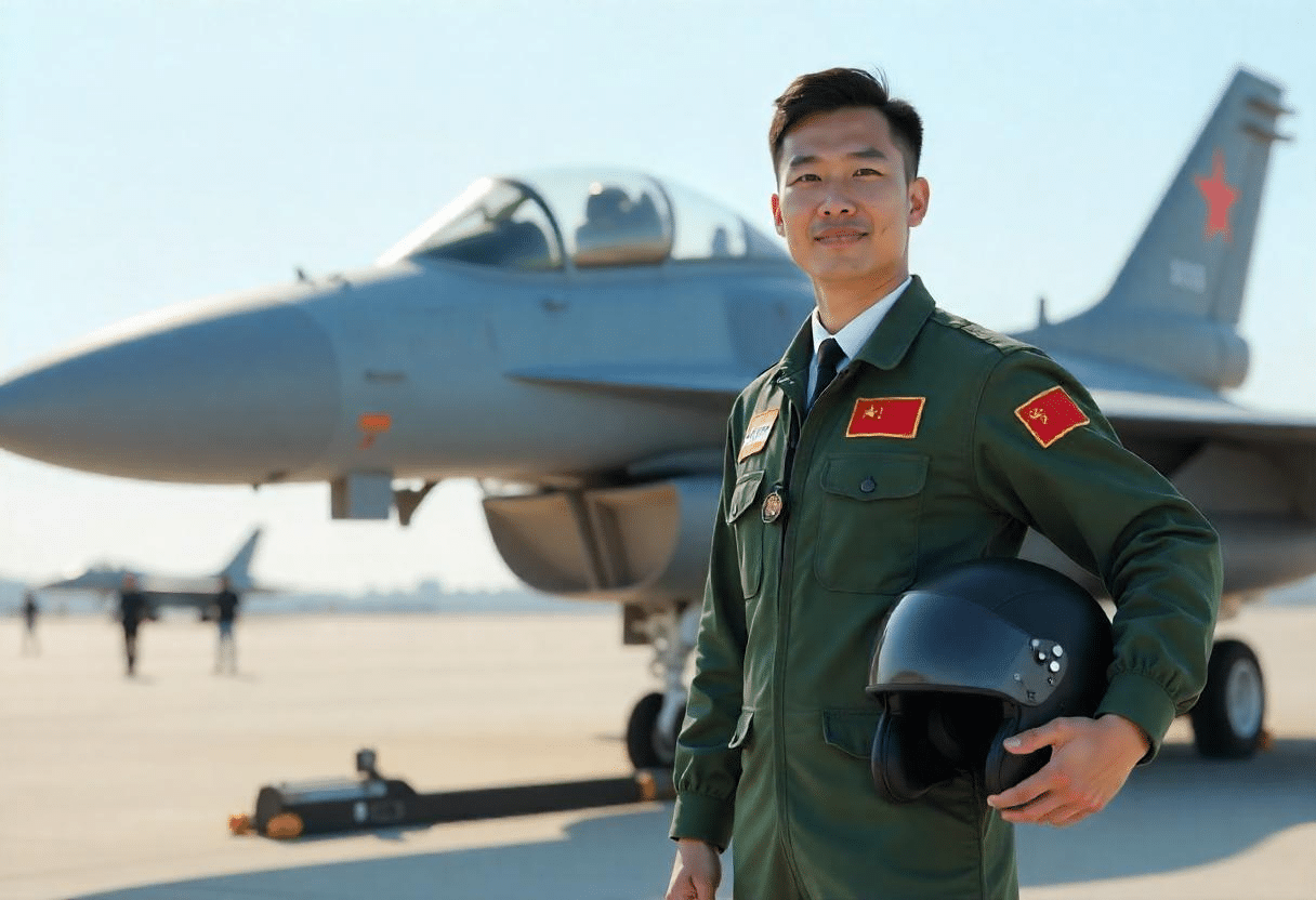 Pilote chinois à côté d'une avion de chasse