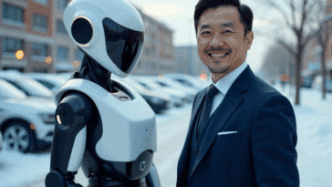 Un homme souriant à côté d'un robot voiturier