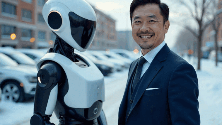Un homme souriant à côté d'un robot voiturier