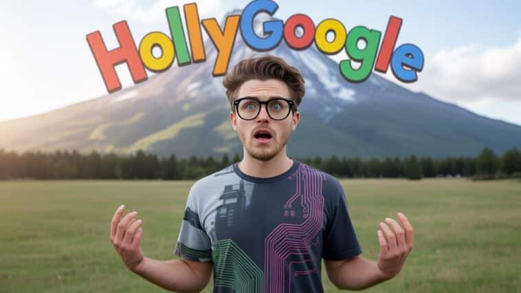 Un geek devant l'emblème d'Hollywood devenu HollyGoogle