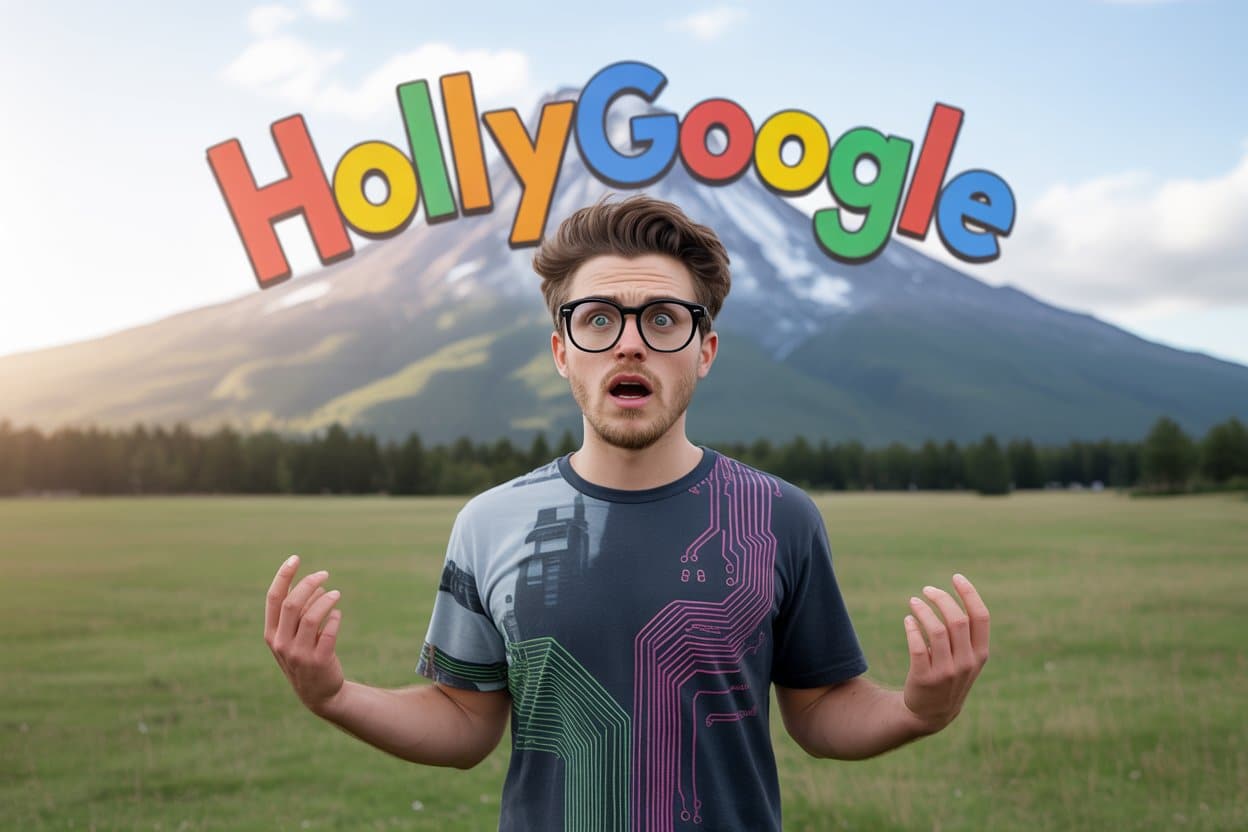Un geek devant l'emblème d'Hollywood devenu HollyGoogle