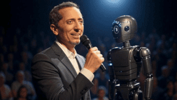 Gad Elmaleh en stand-up à côté d'un robot humanoïde