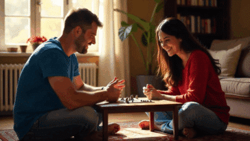 Un couple jouant à un jeu sur table dans le salon